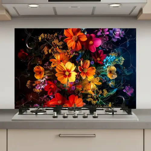 Bloemen - Kleurrijk - Zwart keuken achterwand spatscherm klein -3d_website
