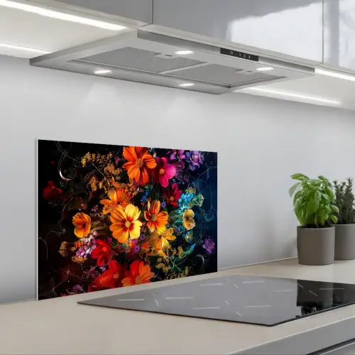Bloemen - Kleurrijk - Zwart keuken achterwand spatscherm klein -3d_schuin
