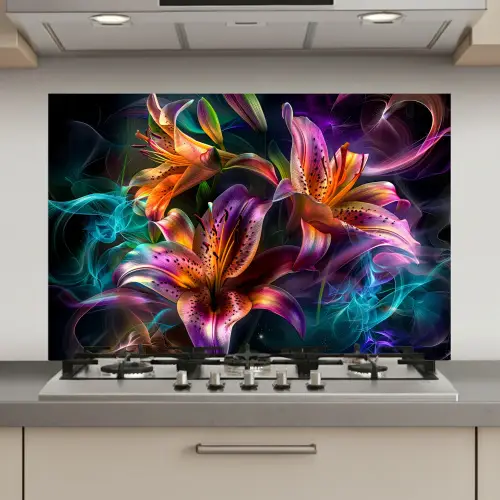 Bloemen - Kleurrijk - Zwart - Kunst keuken achterwand spatscherm klein -3d_website