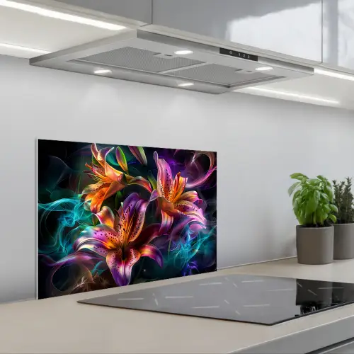Bloemen - Kleurrijk - Zwart - Kunst keuken achterwand spatscherm klein -3d_schuin