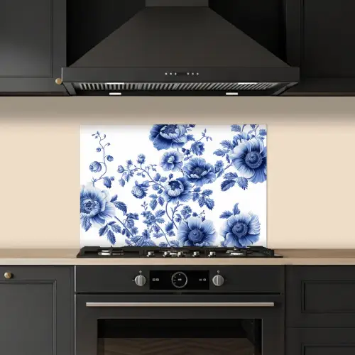 Bloemen - Delfts blauw - Kunst - Wit keuken achterwand spatscherm klein -sfeer1