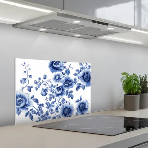 Bloemen - Delfts blauw - Kunst - Wit keuken achterwand spatscherm klein -3d_schuin