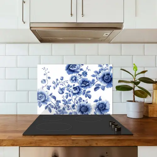 Bloemen - Delfts blauw - Kunst - Wit keuken achterwand spatscherm klein -sfeer2