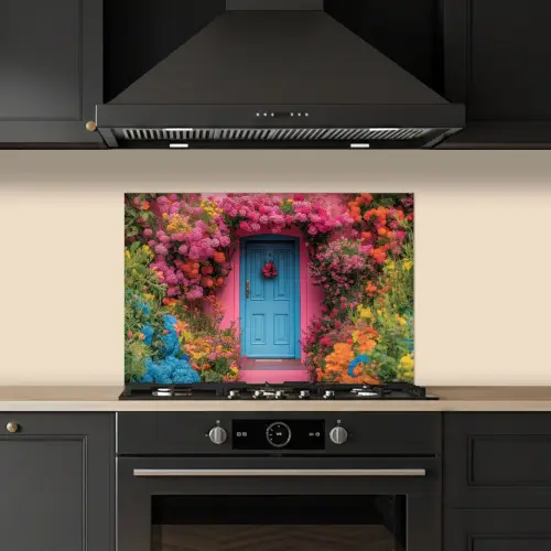 Bloemen - Deur - Roze keuken achterwand spatscherm klein -sfeer1