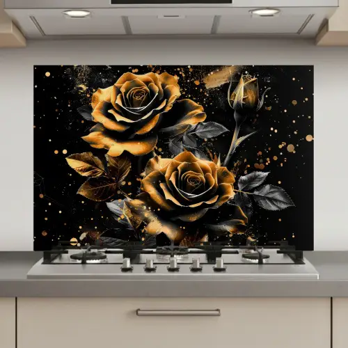 Bloemen - Goud - Zwart - Kunst keuken achterwand spatscherm klein -3d_website
