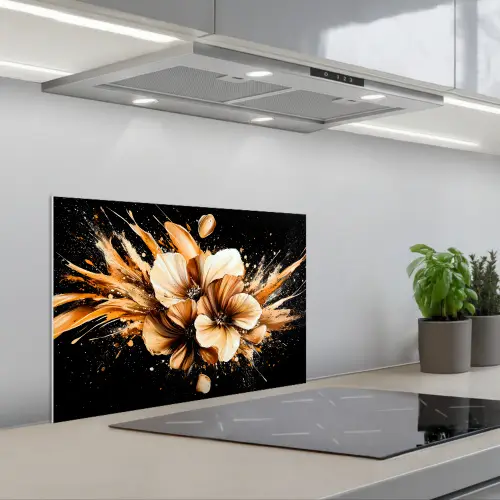 Bloemen - Goud - Graffiti - Zwart - Abstract keuken achterwand spatscherm klein -3d_schuin