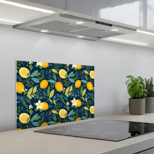 Bloemen - Bladeren - Citroenen - Blauw keuken achterwand spatscherm klein 900 -3d_schuin