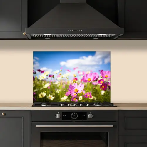 Bloemen - Wei - Paars - Gras - Wit - Wolken - Blauw keuken achterwand spatscherm klein -sfeer1