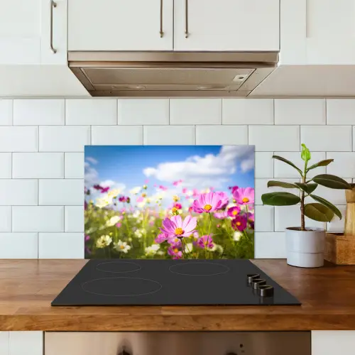 Bloemen - Wei - Paars - Gras - Wit - Wolken - Blauw keuken achterwand spatscherm klein -sfeer2