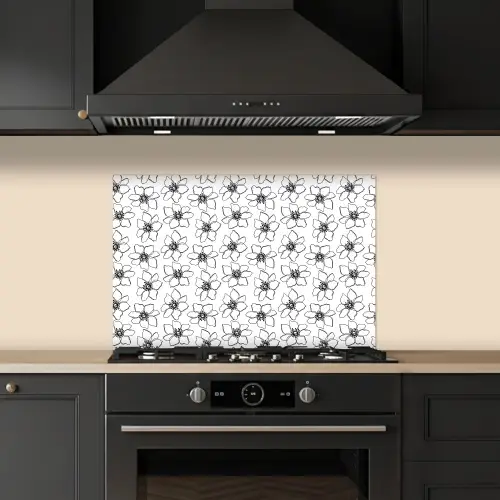 Bloemen - Patroon - Zwart - Wit keuken achterwand spatscherm klein 900 -sfeer1