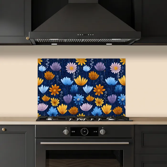 Bloemen - Patroon - Blauw - Contrast keuken achterwand spatscherm klein -sfeer1
