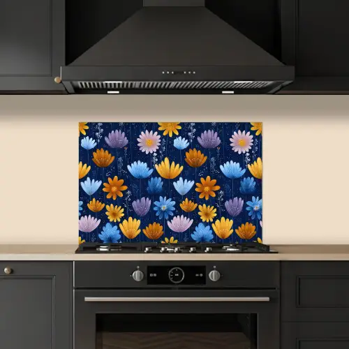 Bloemen - Patroon - Blauw - Contrast keuken achterwand spatscherm klein -sfeer1