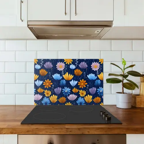 Bloemen - Patroon - Blauw - Contrast keuken achterwand spatscherm klein -sfeer2