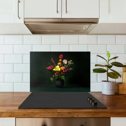 Bloemen - Vaas - Zwart keuken achterwand spatscherm klein -sfeer2