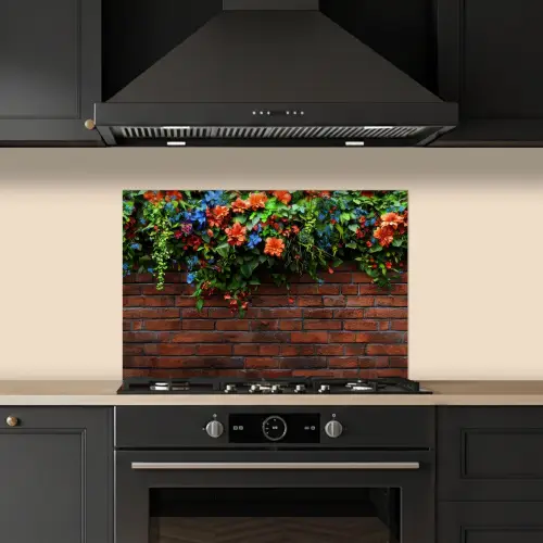 Bloemen - Muur - Groen - Oranje keuken achterwand spatscherm klein -sfeer1