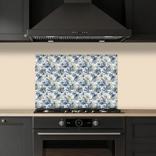 Bloemen - Wit - Blauw keuken achterwand spatscherm klein 900 -sfeer1
