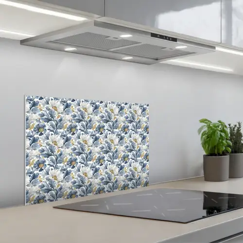 Bloemen - Wit - Blauw keuken achterwand spatscherm klein 900 -3d_schuin