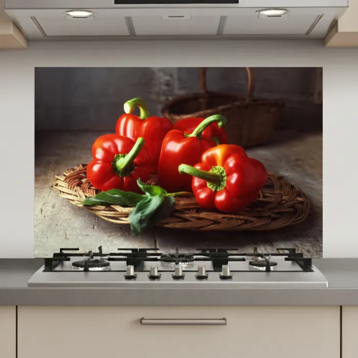 Vier rode paprika's op een rieten mand keuken achterwand spatscherm klein -3d_website