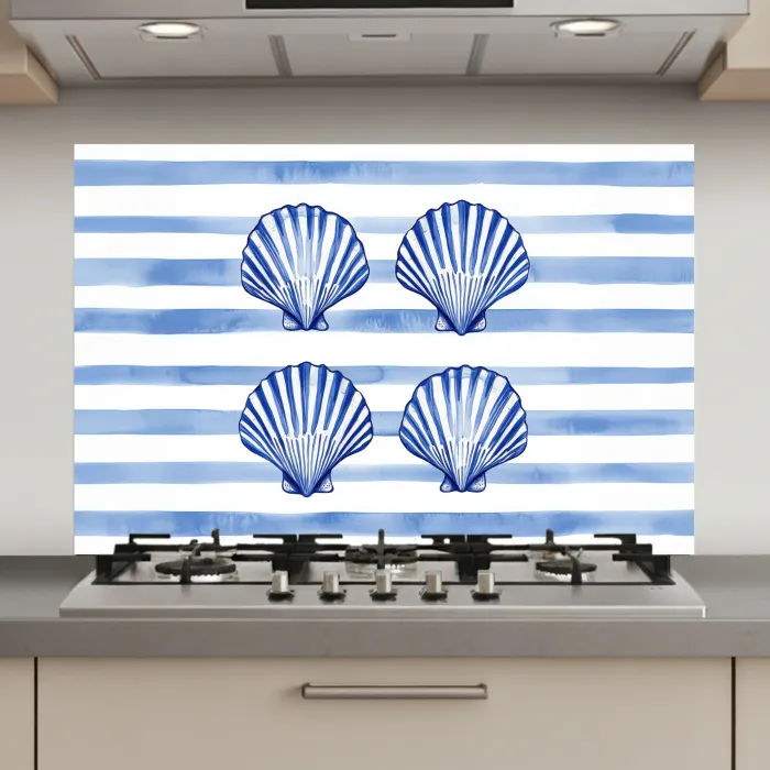 Vier schelpen - Blauw - Wit - Strepen keuken achterwand spatscherm klein -3d_website