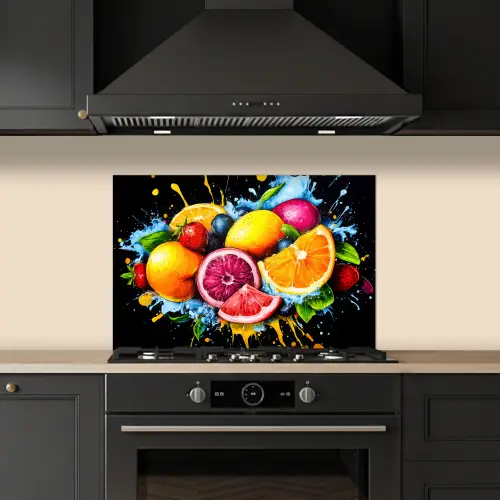 Fruit - Graffiti - Kleurrijk - Sinaasappel - Aardbei - Abstract keuken achterwand spatscherm klein -sfeer1