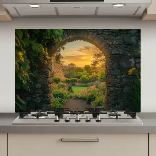 Poort - Planten - Zonsondergang keuken achterwand spatscherm klein -3d_website