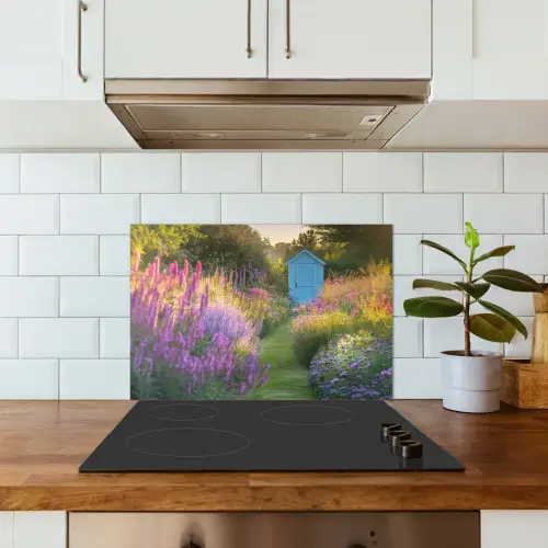 Tuinhuisje - Blauw - Bloemen keuken achterwand spatscherm klein -sfeer2