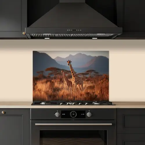 Giraffen - Hoog gras - Acaciabomen keuken achterwand spatscherm klein -sfeer1