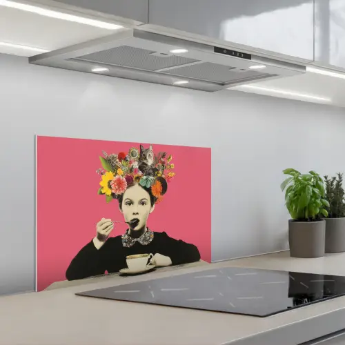 Meisje - Kopje - Bloemen - Roze keuken achterwand spatscherm klein -3d_schuin
