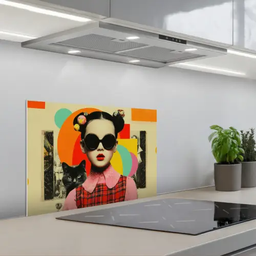 Meisje - Zonnebril - Kat - Retro keuken achterwand spatscherm klein -3d_schuin