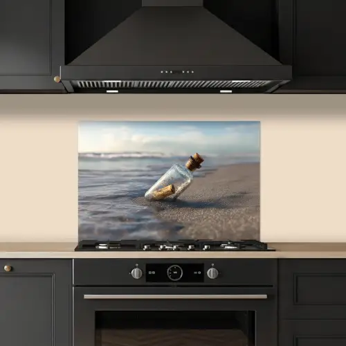 Glazenfles - Post - Zee - Zand keuken achterwand spatscherm klein -sfeer1
