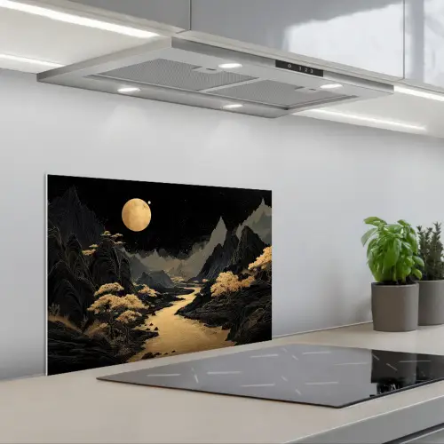 Gouden rivier - Bergen - Maan - Sterrenhemel keuken achterwand spatscherm klein -3d_schuin