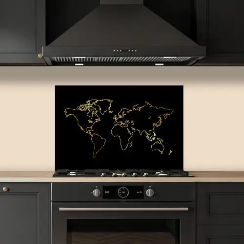Gouden wereldkaart op een zwarte achtergrond keuken achterwand spatscherm klein -sfeer1