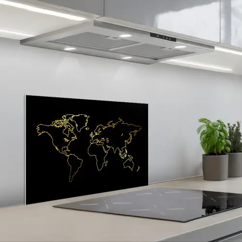 Gouden wereldkaart op een zwarte achtergrond keuken achterwand spatscherm klein -3d_schuin