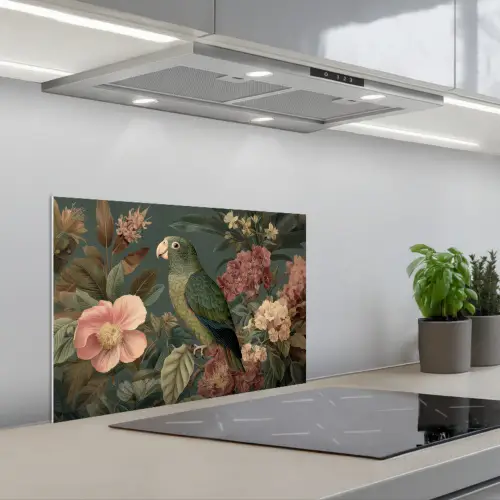 Groene papegaai - Kleurrijke bloemen - Donkere achtergrond keuken achterwand spatscherm klein -3d_schuin