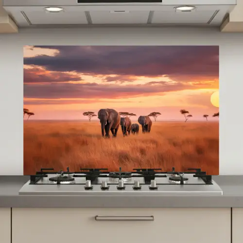 Groep olifanten - Open vlakte - Zon keuken achterwand spatscherm klein -3d_website
