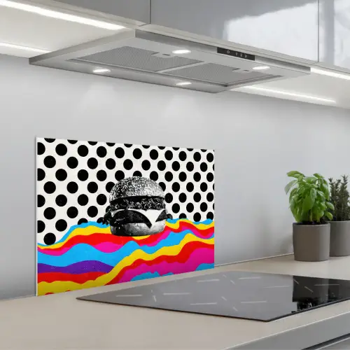 Hamburger - Stippen - Golven - Kleuren keuken achterwand spatscherm klein -3d_schuin