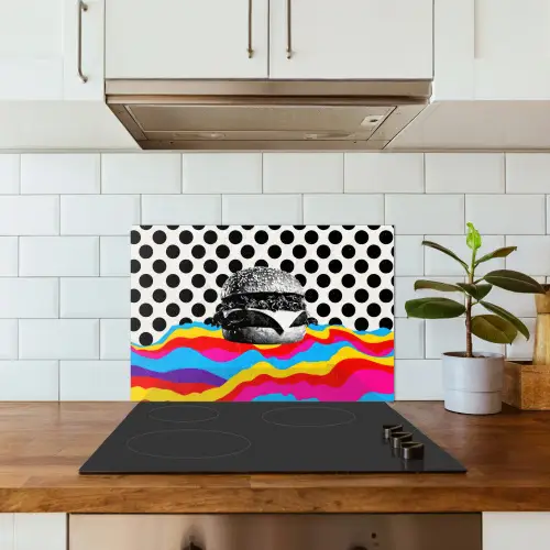 Hamburger - Stippen - Golven - Kleuren keuken achterwand spatscherm klein -sfeer2
