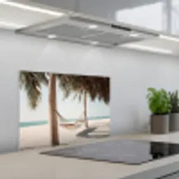 Hangmat - Palmbomen - Strand - Zee keuken achterwand spatscherm klein -3d_schuin