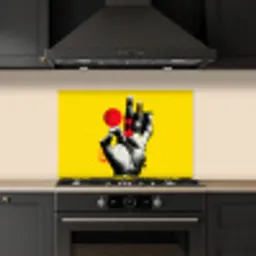 Hand - Rode cirkel - Geel keuken achterwand spatscherm klein -sfeer1