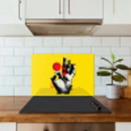 Hand - Rode cirkel - Geel keuken achterwand spatscherm klein -sfeer2