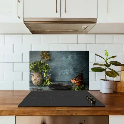 Kruiden - Specerijen - Pan - Mes - Grijs - Rustiek keuken achterwand spatscherm klein -sfeer2