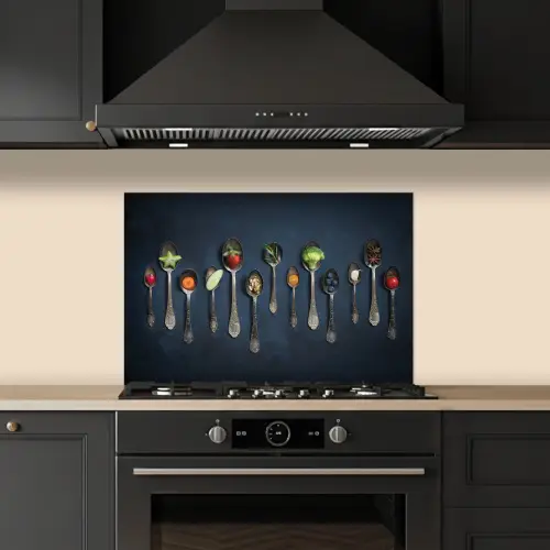 Kruiden - Lepel - Zilver - Specerijen - Industrieel keuken achterwand spatscherm klein -sfeer1