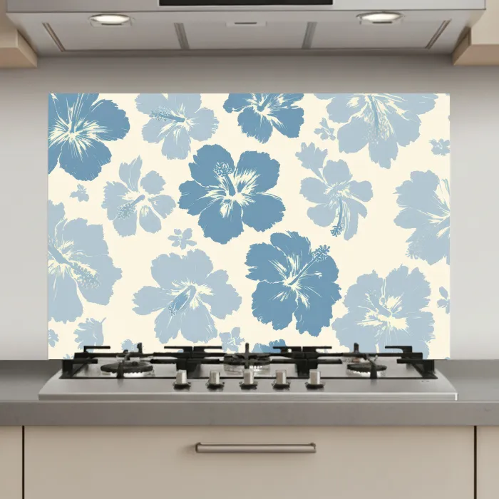 Hibiscusbloemen - Blauw - Patroon - Tropisch keuken achterwand spatscherm klein -3d_website