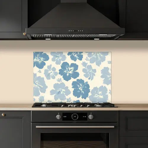 Hibiscusbloemen - Blauw - Patroon - Tropisch keuken achterwand spatscherm klein -sfeer1