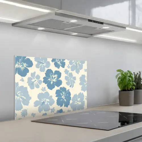 Hibiscusbloemen - Blauw - Patroon - Tropisch keuken achterwand spatscherm klein -3d_schuin