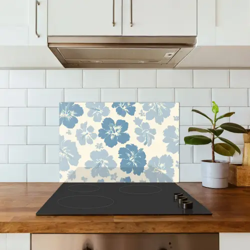 Hibiscusbloemen - Blauw - Patroon - Tropisch keuken achterwand spatscherm klein -sfeer2