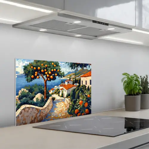 Huizen - Mozaïek - Sinaasappelbomen - Zee keuken achterwand spatscherm klein -3d_schuin