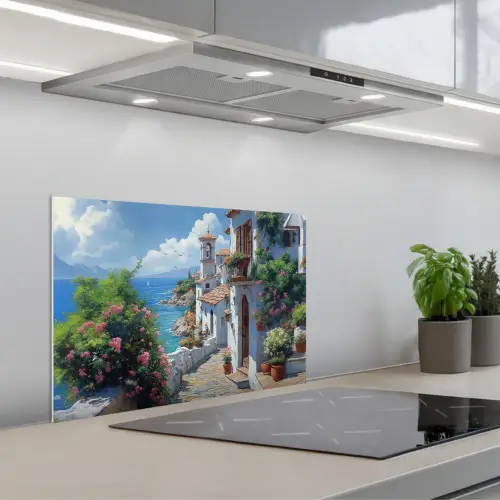Huizen - Zee - Bomen - Bloemen keuken achterwand spatscherm klein -3d_schuin
