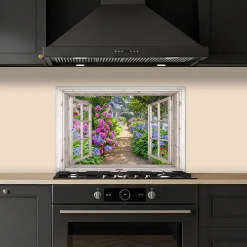 Hortensia - Doorkijk - Bloemen - Zomer - Paars - Pad keuken achterwand spatscherm klein -sfeer1