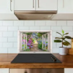 Hortensia - Doorkijk - Bloemen - Zomer - Paars - Pad keuken achterwand spatscherm klein -sfeer2